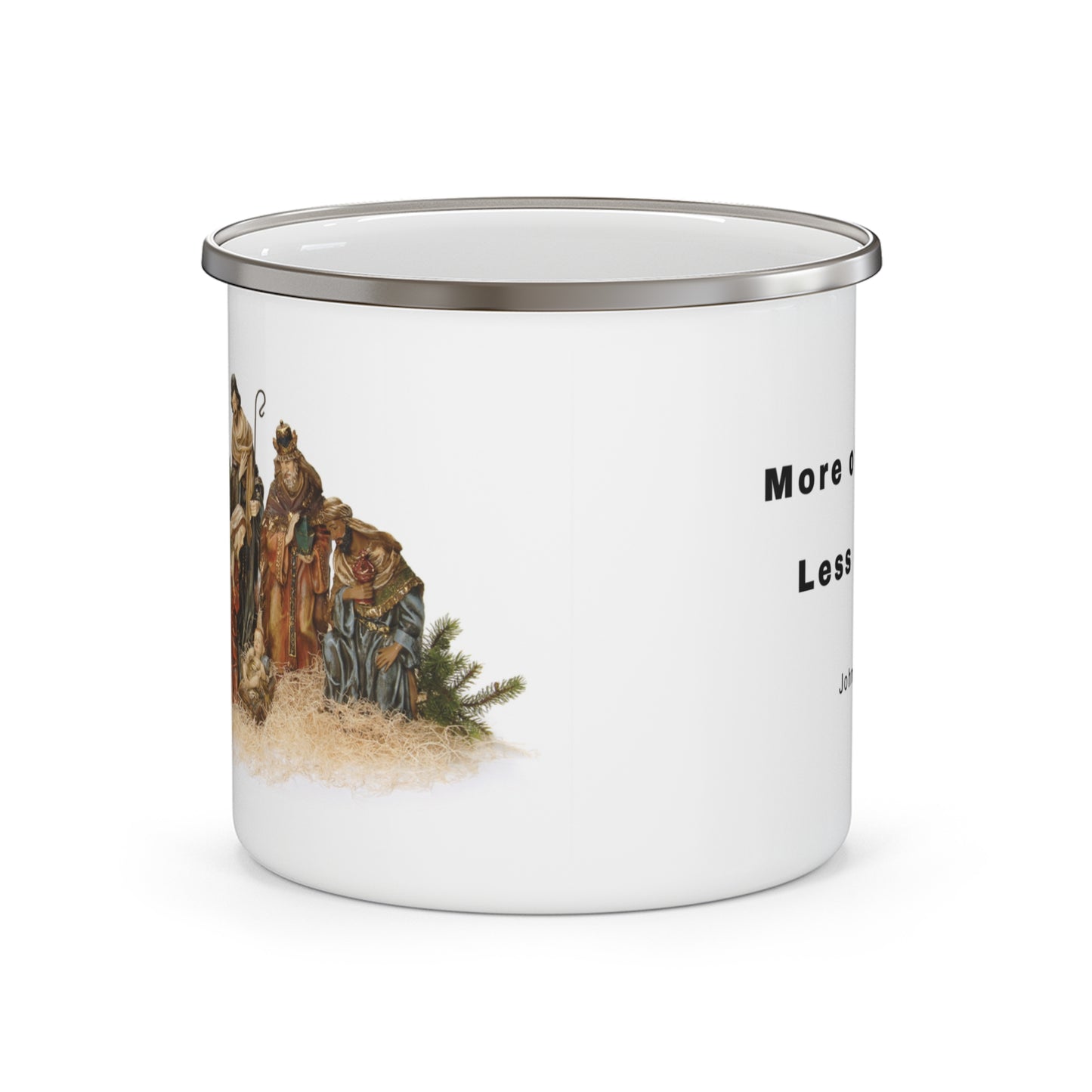 "More of Jesus, Less of Me" Enamel Mug with Nativity Scene