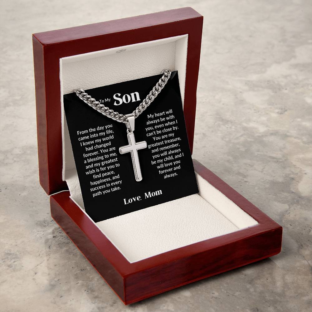 To my Son  - Artisan Cross Necklace on Cuban Chain