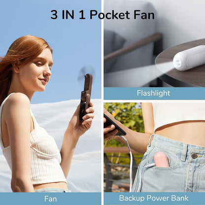 Handheld Mini Fan, 3 IN 1 Hand Fan, USB Rechargeable Small Pocket Fan [12-19 Working Hours] with Power Bank, Flashlight, Portable Fan.